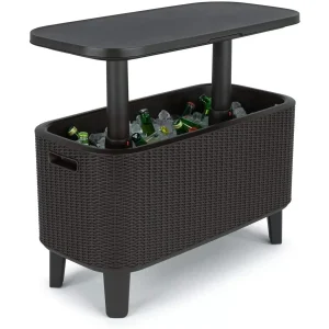 Keter Breeze Bar Outdoor Patio Furniture and Hot Tub Side Table with 14.8 Gallon Beer and Wine Cooler, Dark Grey & Teal
