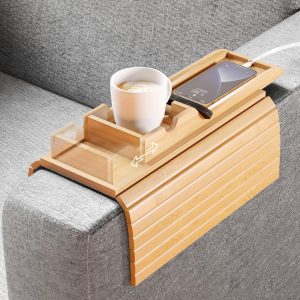Bamboo Couch Cup Holder and Sofa Armrest Tray 2 in 1 Couch Arm Tray- Cup Holder Be Slide Detachable - Anti-Slip Foldable Sofa Arm Tray Table for Drinks Cup Cellphone Remote Snacks (Bamboo)
