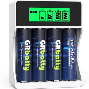 GRbatty AA Rechargeable Lithium Batteries 3500mWh 1.5V, 4 Pack with 2 Hours Fast USB LCD Rechargeable Battery Charger