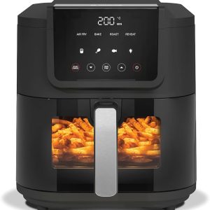 Nutricook Air Fryer Slim, 5L, 1.4 KGs, Large Basket,Ceramic Coating, Space-Saving, Air Fry, Bake, Reheat, with 5 Presets, Clear Window & Light, AFS100, Black, 1500 Watts.