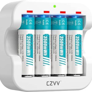 Rechargeable AA Lithium 1.5V Batteries - Full-Recharged 4 Pack with 2H Ultra Fast Charger for Household Office Devices, Long-Lasting High-Capacity 3500mWh, Cycle Times up to 1300x, Constant Output