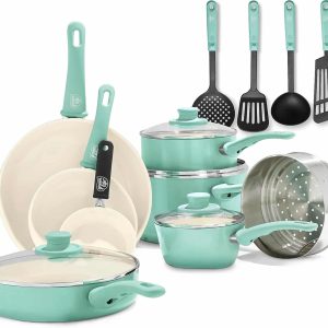 GreenLife Soft Grip Healthy Ceramic Nonstick, Cookware Pots and Pans Set, 16 Piece, Turquoise