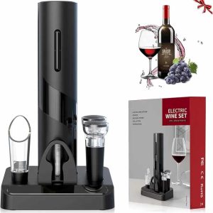 Pomefar Electric Wine Opener, Wine Corkscrew Wine Bottle Opener with Foil Cutter, 2 Vacuum Stoppers, Wine Pourer, Automatic Wine Opener 4-in-1 Gift Set for Wine Lover Kitchen Party Home