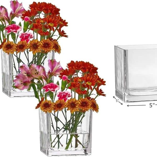 PARNOO Set of 3 Glass Square Vases 5 x 5 Inch â€“ Clear Cube Shape Flower Vase Candle Holders - Perfect as a Wedding Centerpieces Home Decoration