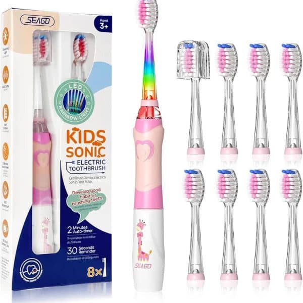 SEAGO Kids Electric Toothbrush with 2 Mins Brushing Timer and 8 Replacement Bursh Heads,Rainbow LED Light Make Brushing Fun, PINK Color  Battery Powerd Toothbrush for 4-12 Years Old