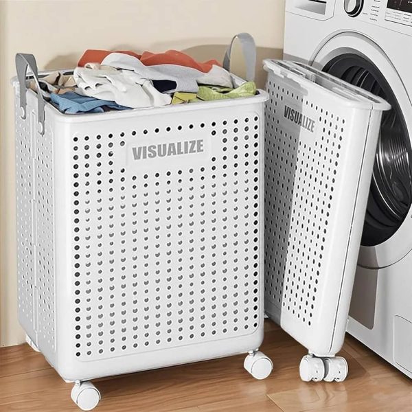 Foldable laundry basket With handles Collapsible laundry baskets with wheels,easy to move and save space,Versatile Portable Storage Basket for Bathroom and Bathroom(Ivory White, XL(55x37.7x36))