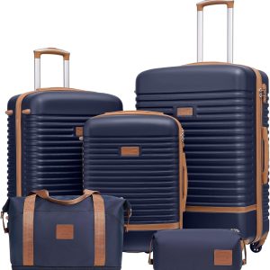 COOLIFE Hard Shell Cabin Suitcase Trolley – Lightweight Carry-On Travel Bag with Toiletry Bag Included, Blue/Brown, 5-Piece Set