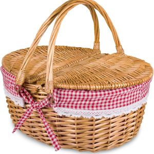 SLEEPHEAD®Wicker Picnic Basket with Lid and Handle, Natural Study Willow Basket with Washable Liner, Vintage-Style Woven Easter Basket for Picnic, Camping, Outdoor (RED)