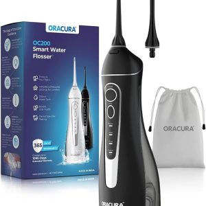 ORACURA® OC200 LITE Smart PLUS Water Flosser – 200ml Water Tank – 2 Nozzle Tips – 8 Water Pressure Settings – 4 Operation Modes – IPX7 Waterproof – 365 Days Warranty – USB Rechargeable (black)