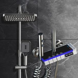 HIKKY Shower System with LED Digital Display and Atmosphere Lamp, Piano Key Shower System, Intelligent Bathroom Shower Mixer Set