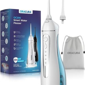 ORACURA® OC200 LITE Smart PLUS Water Flosser – 200ml Water Tank – 2 Nozzle Tips – 8 Water Pressure Settings – 4 Operation Modes – IPX7 Waterproof – 365 Days Warranty – USB Rechargeable (white)