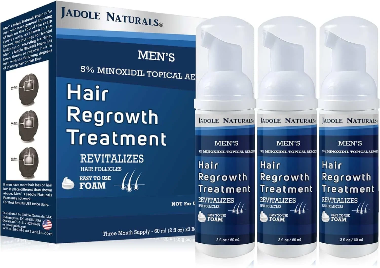 Jadole Naturals Men's 5% Minoxidil Foam- 3 x 60ml