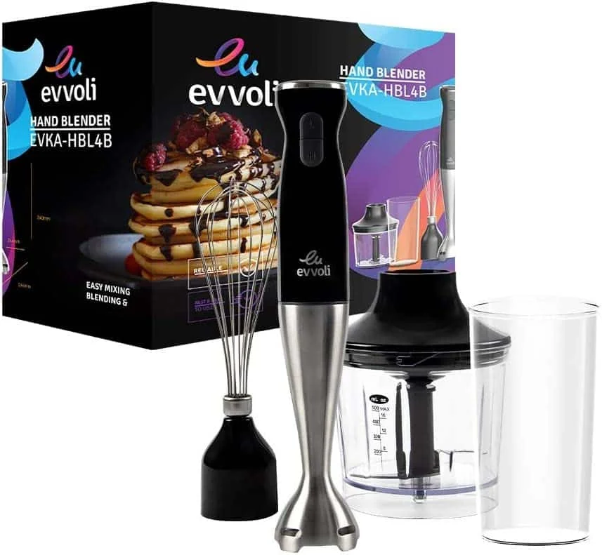 evvoli Hand Blender 4 in 1 Stainless Steel Stem Hand Blender with Chopper and Whisk