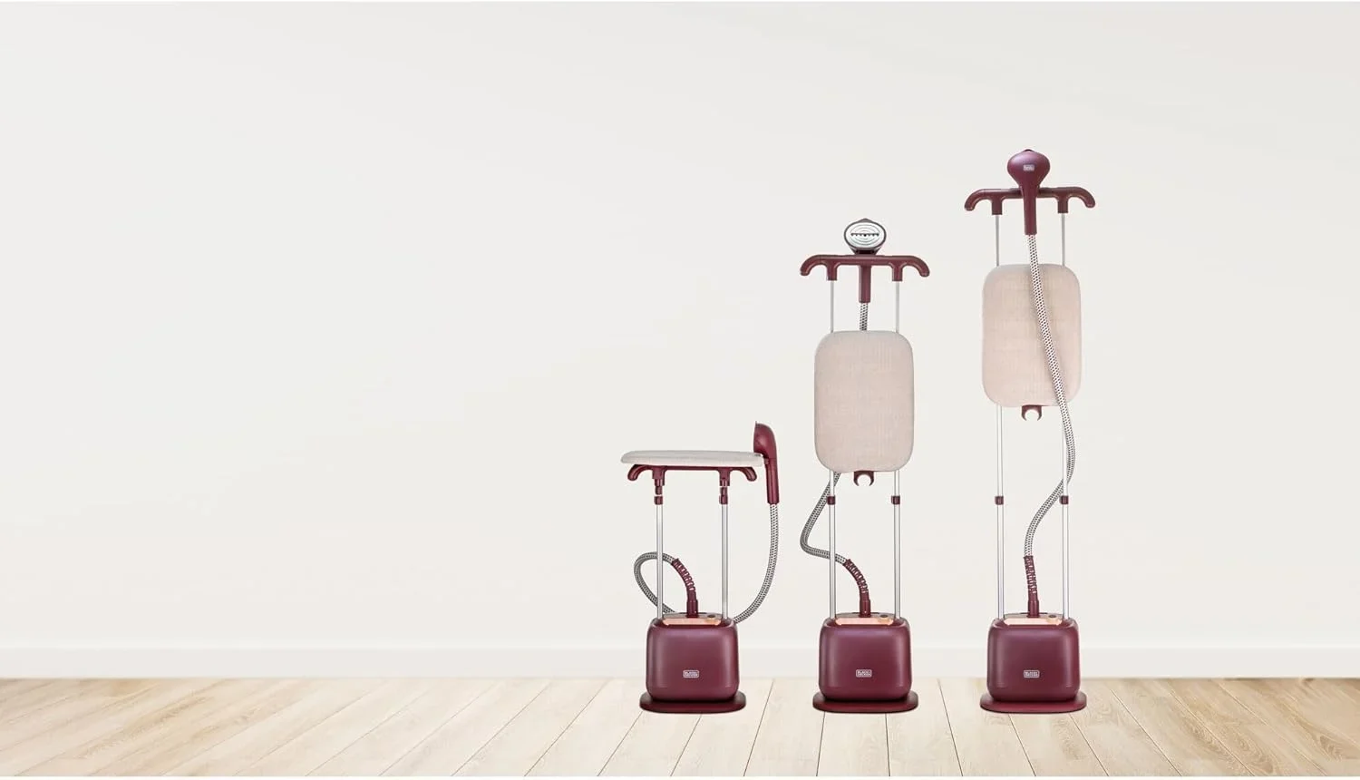 BLACK+DECKER Double Pole Garment Steamer, 2400W, 2L Tank, 10 Steam Settings, Horizontal & Vertical Ironing Board, 35g/min Steam Rate, Anti-Kink Tube, Auto Shut-Off, Dark Red