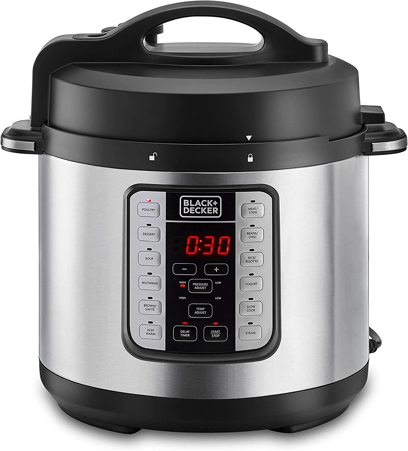 BLACK+DECKER Smart Steam Pot, 1000W, 7 in 1, 6.0 L, Smart Programmable Electric Pressure Cooker, Black/Silver