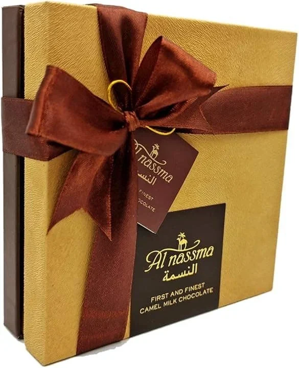 Al Nassma Camel Milk Chocolate Praline Gift Box (18 Piece Pralines: Hazelnut Nougat, Arabic Coffee, Pistachio Marzipan)