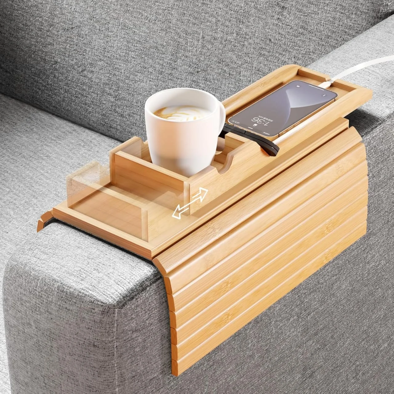 Bamboo Couch Cup Holder and Sofa Armrest Tray 2 in 1 Couch Arm Tray- Cup Holder Be Slide Detachable