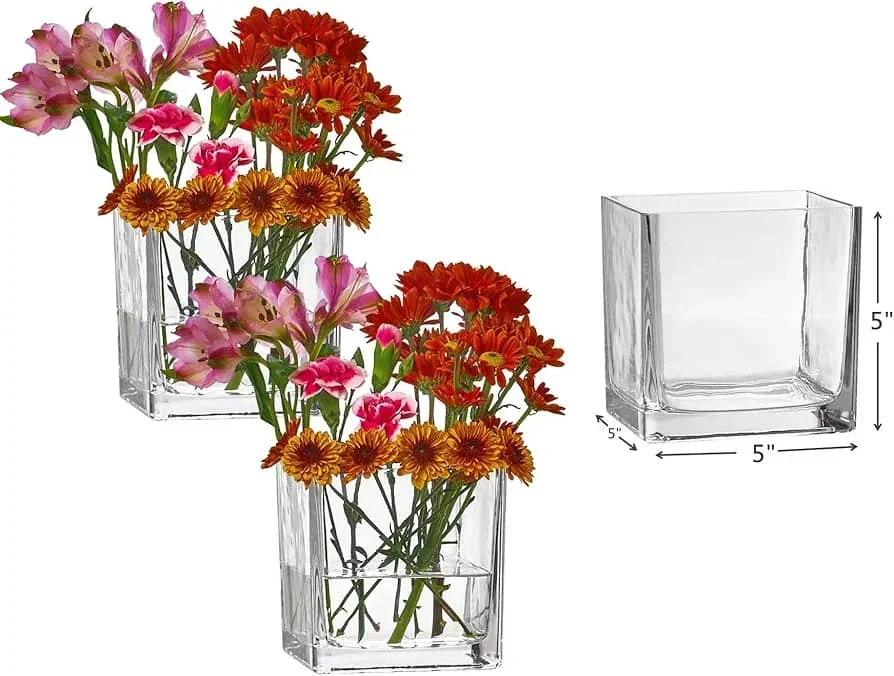 PARNOO Set of 3 Glass Square Vases 5 x 5 Inch â€“ Clear Cube Shape Flower Vase Candle Holders