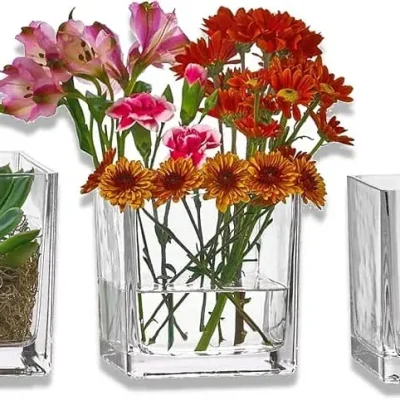 PARNOO Set of 3 Glass Square Vases 5 x 5 Inch aE Clear Cube Shape Flower Vase Candle Holders Perfect as a Wedding Centerpieces Home Decoration2.jpg