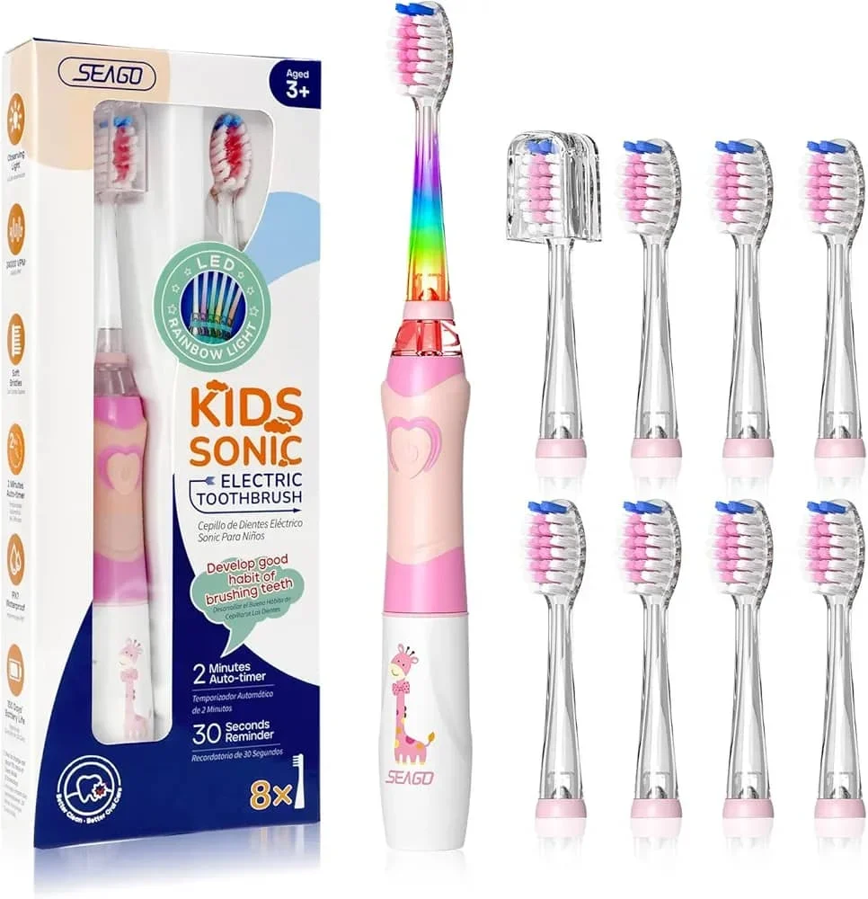 SEAGO Kids Electric Toothbrush with 2 Mins Brushing Timer and 8 Replacement Bursh Heads