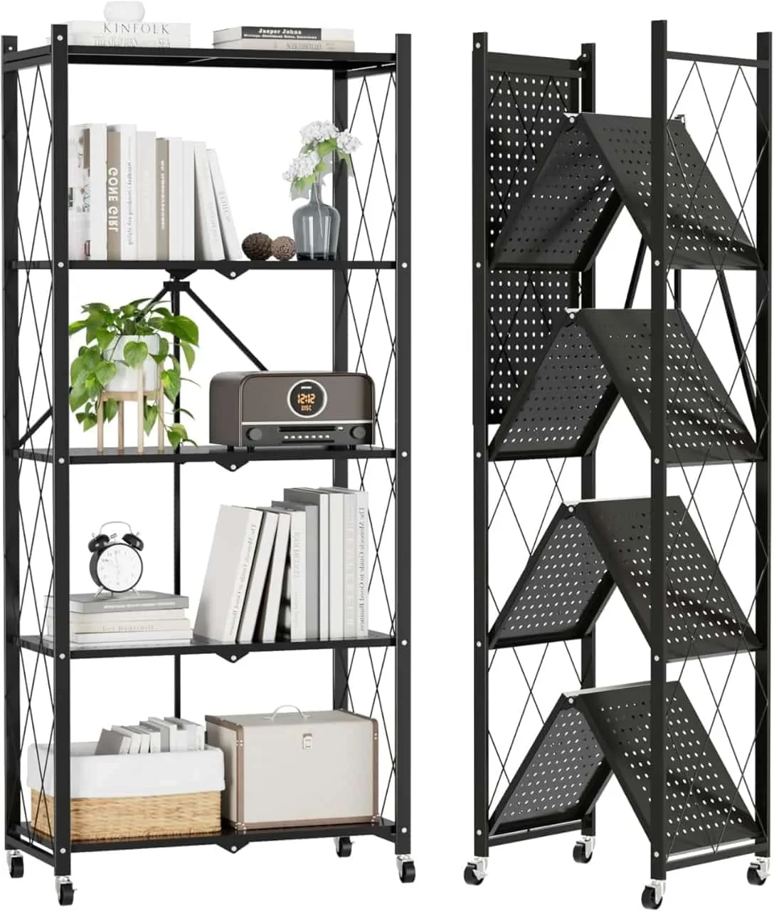 WWI Foldable Storage Shelves 5 Tier Storage Racks Kitchen Cabinet Multipurpose Rack for Living Room Bedroom Kitchen Garage Easy Assembly (black