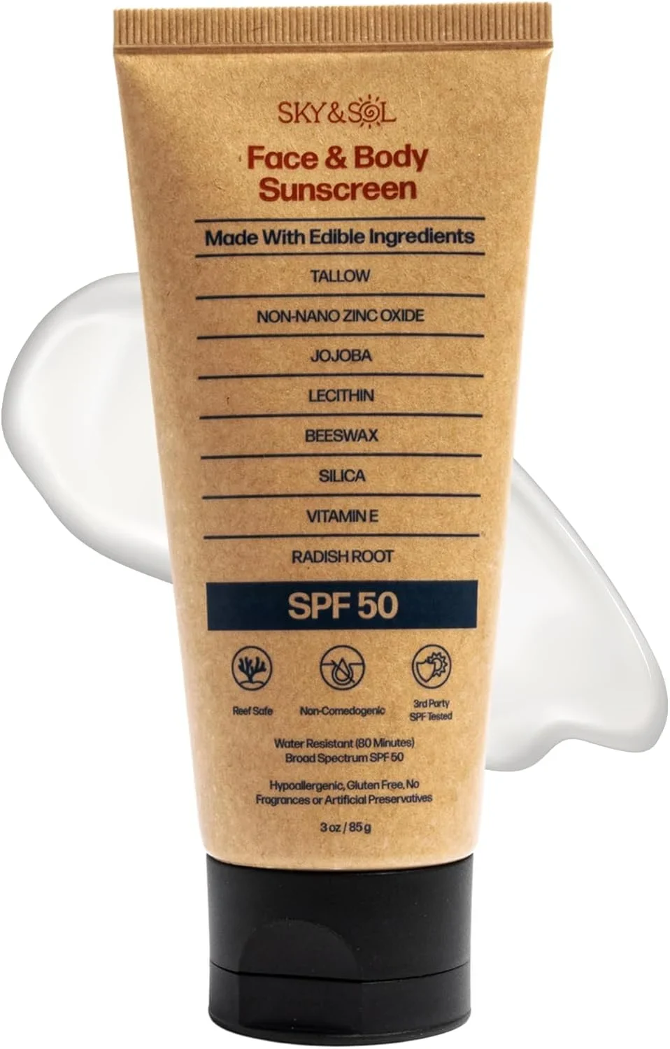 Sky and Sol Natural Mineral Sunscreen SPF 50 3 oz: Natural Tallow & Zinc Oxide